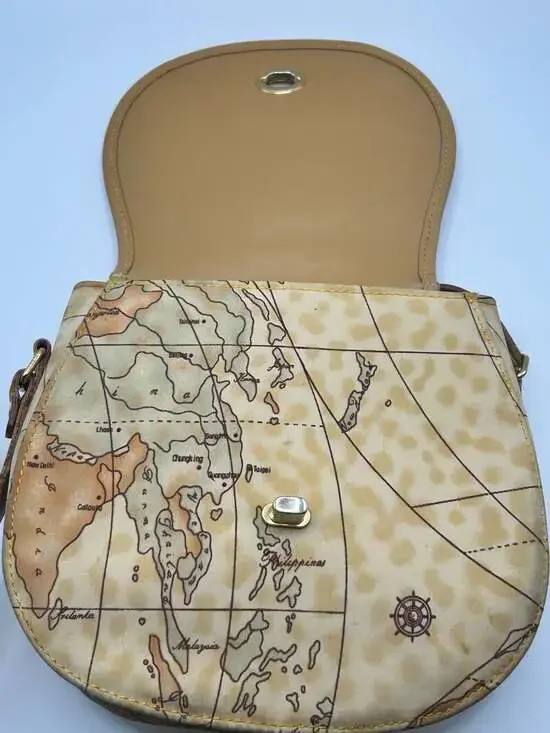 Vintage Geography Print Faux Leather Saddle Crossbody Bag - Picture 8 of 9